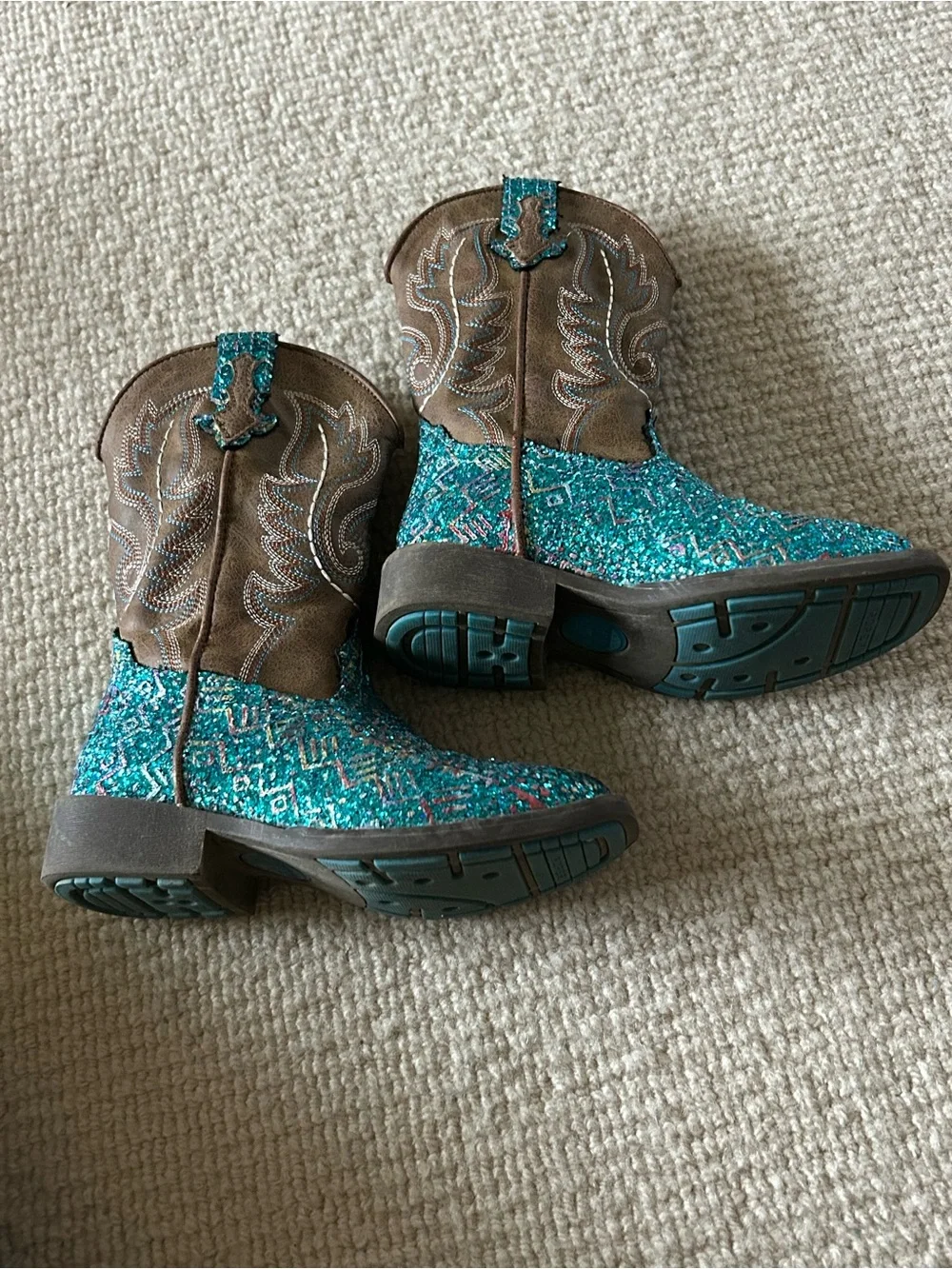 Roper Kids Teal Glitter Cowboy Boots with Brown Shaft